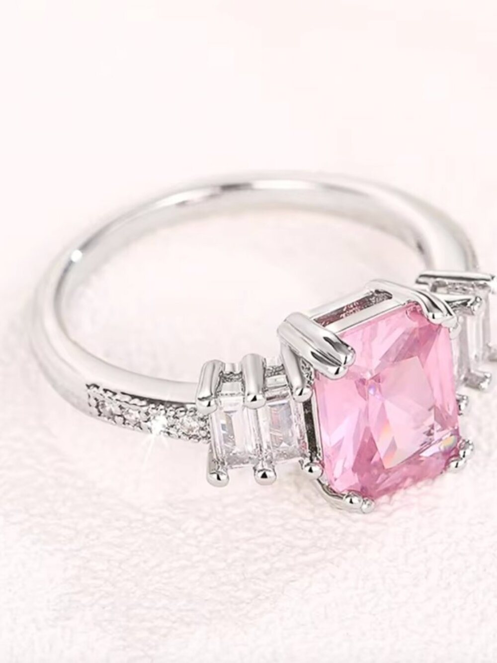 Pink Emerald-Cut Center Stone Three-Stone Ring - Picture 2 of 4